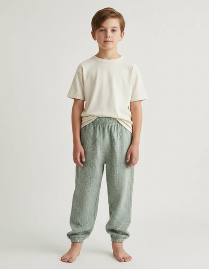 Pantalon Japonais Vert Ample Coton Enfant Points Blancs