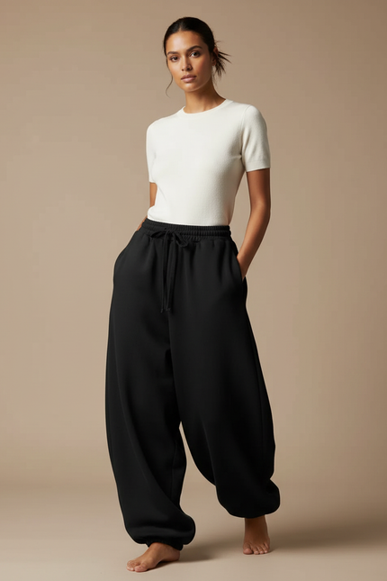 Pantalon Japonais Noir Ample Molleton Décontracté Femme