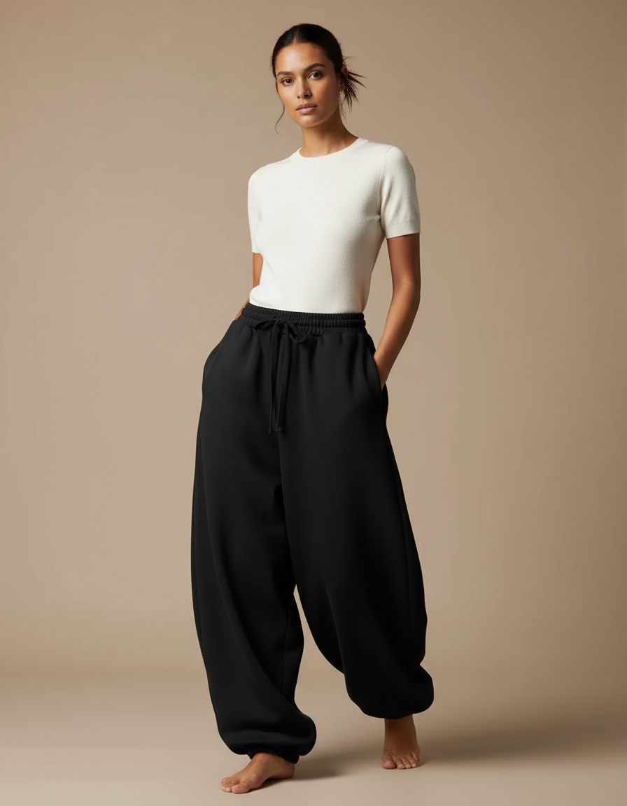 Pantalon Japonais Noir Ample Molleton Décontracté Femme