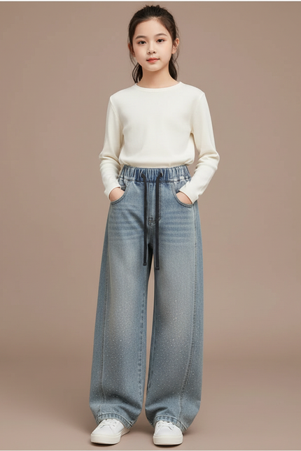 Pantalon Japonais Large Denim Strass Décontracté Fille - Bleu Jean