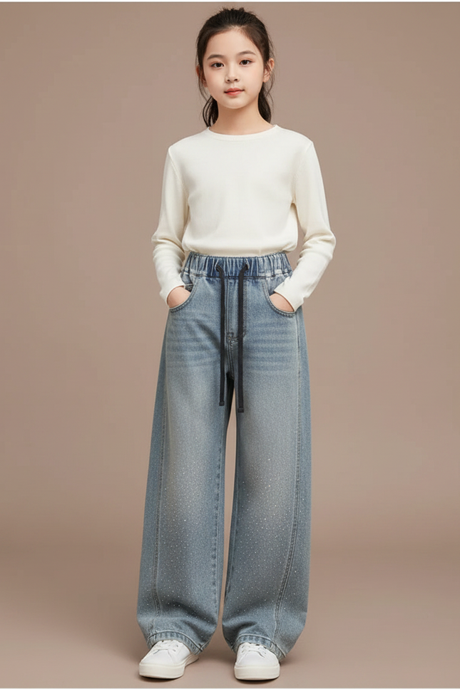Pantalon Japonais Large Denim Strass Décontracté Fille - Bleu Jean