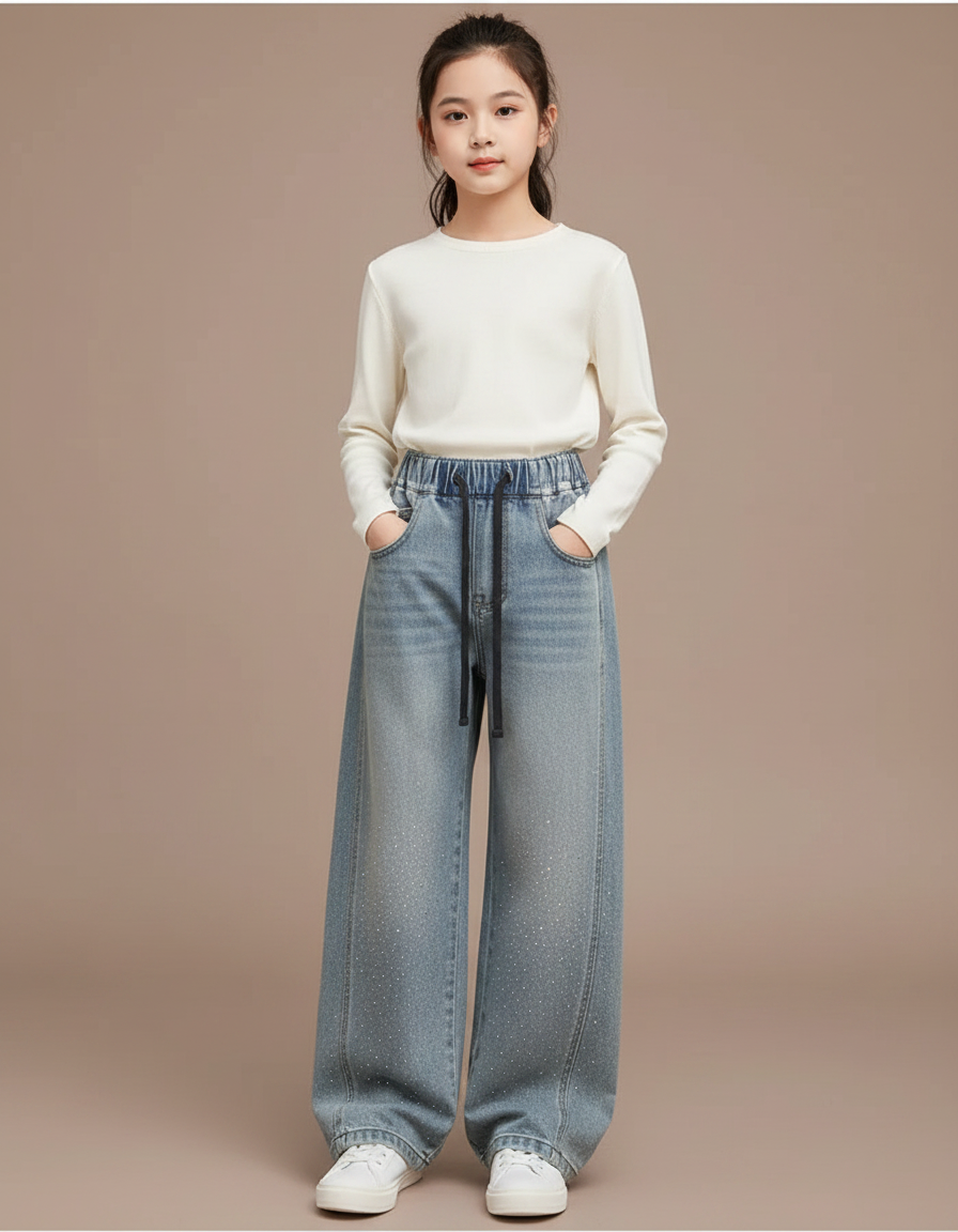 Pantalon Japonais Large Denim Strass Décontracté Fille - Bleu Jean