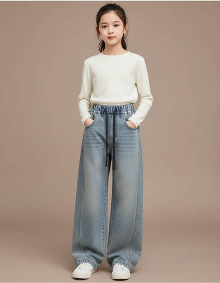 Pantalon Japonais Large Denim Strass Décontracté Fille - Bleu Jean