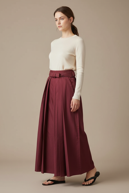 Pantalon Japonais Plissé Bordeaux Ample Élégant Ceinturé - Gabardine