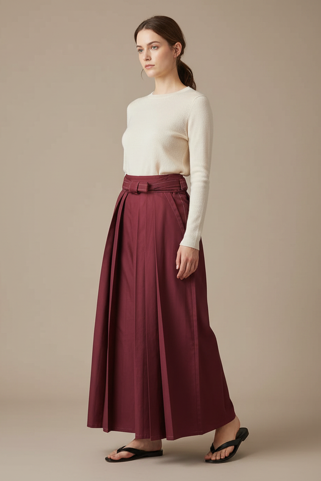 Pantalon Japonais Plissé Bordeaux Ample Élégant Ceinturé - Gabardine