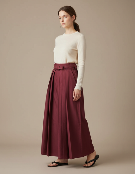 Pantalon Japonais Plissé Bordeaux Ample Élégant Ceinturé - Gabardine
