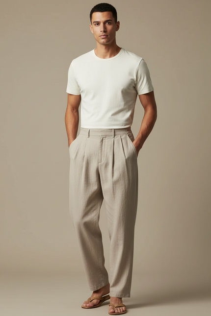 Pantalon Japonais Beige Ample Plissé Coton Lin Homme