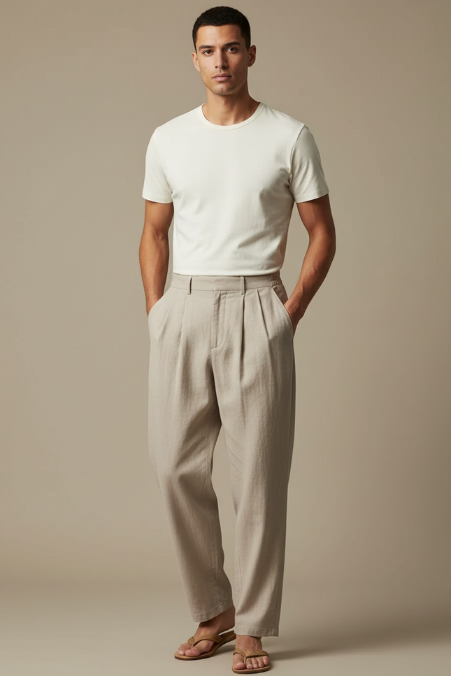 Pantalon Japonais Beige Ample Plissé Coton Lin Homme