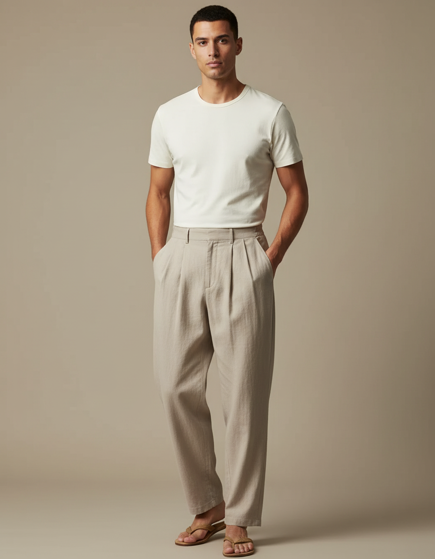 Pantalon Japonais Beige Ample Plissé Coton Lin Homme