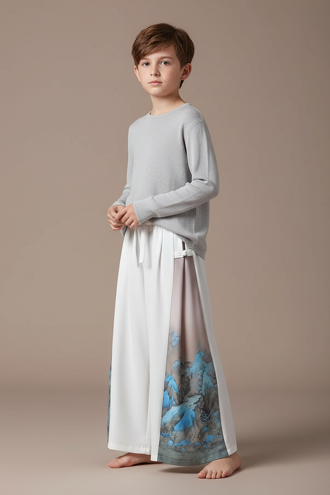 Pantalon Japonais Blanc Ample Imprimé Montagnes Fluide - Viscose