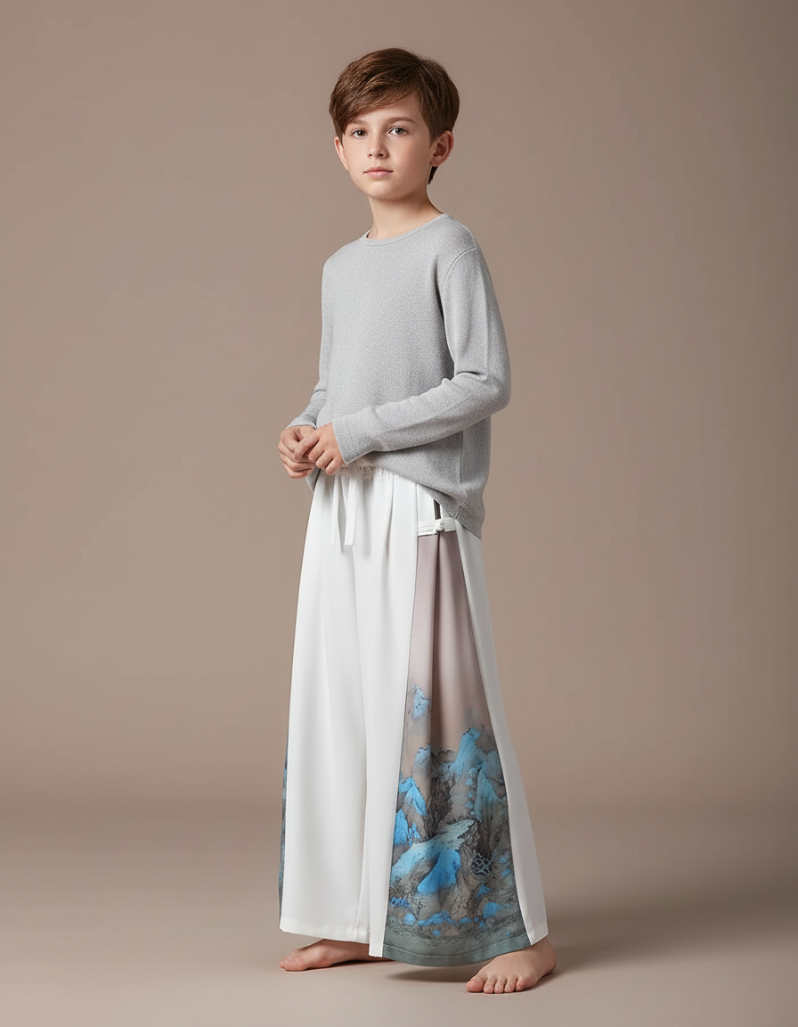 Pantalon Japonais Blanc Ample Imprimé Montagnes Fluide - Viscose