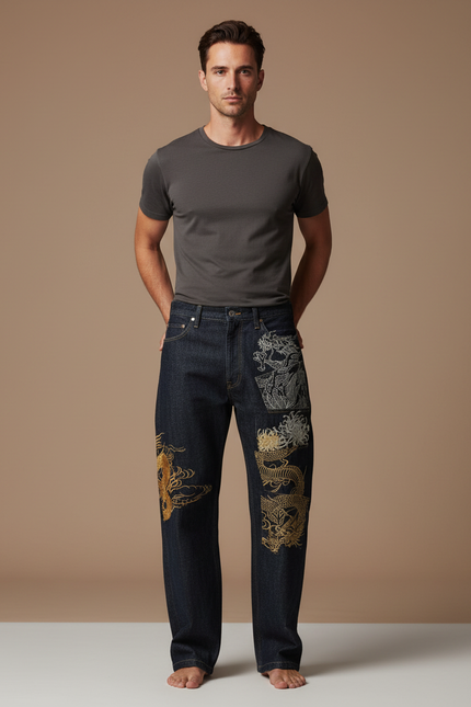 Pantalon Japonais Dragon Brodé Denim Ample Homme - Marine Jean