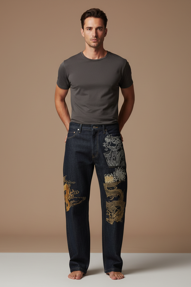 Pantalon Japonais Dragon Brodé Denim Ample Homme - Marine Jean