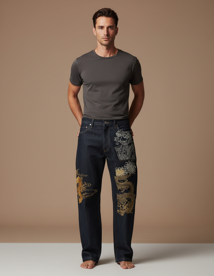 Pantalon Japonais Dragon Brodé Denim Ample Homme - Marine Jean