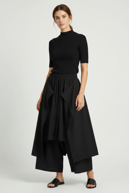 Pantalon Japonais Noir Fluide Drapé Asymétrique Femme - Polyester