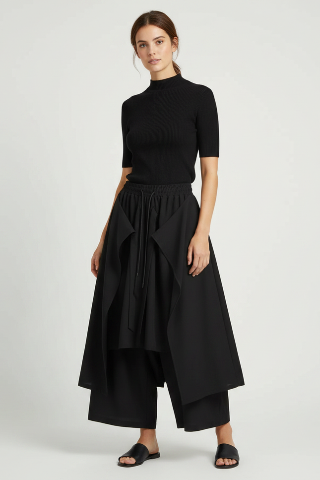 Pantalon Japonais Noir Fluide Drapé Asymétrique Femme - Polyester