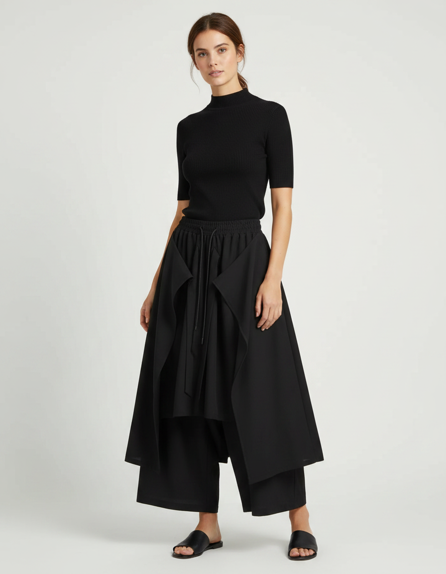 Pantalon Japonais Noir Fluide Drapé Asymétrique Femme - Polyester