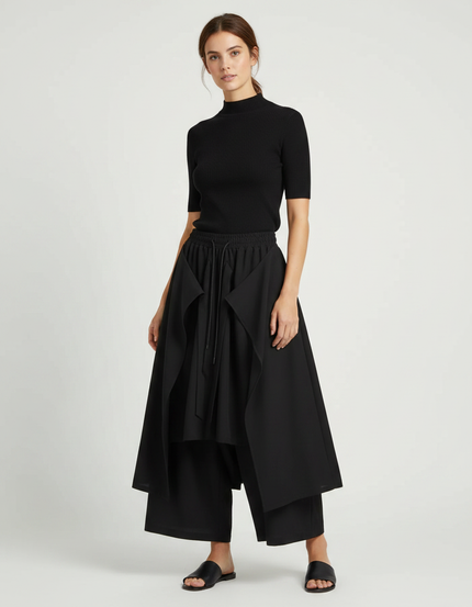 Pantalon Japonais Noir Fluide Drapé Asymétrique Femme - Polyester