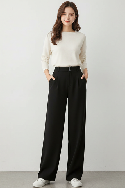 Pantalon Japonais Noir Fluide Ample Élégant Hiver - Viscose