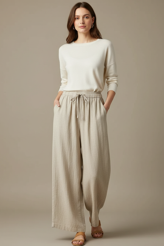 Pantalon Japonais Beige Lin Ample Fluide Femme