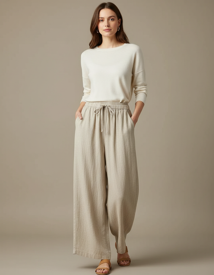 Pantalon Japonais Beige Lin Ample Fluide Femme