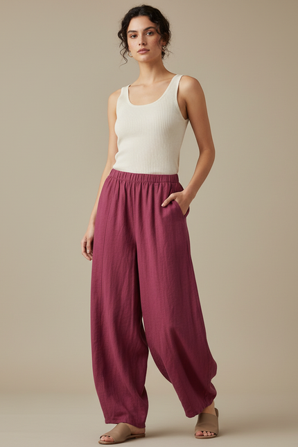 Pantalon Japonais Ample Lin Coton Rouge Fluide - Bordeaux