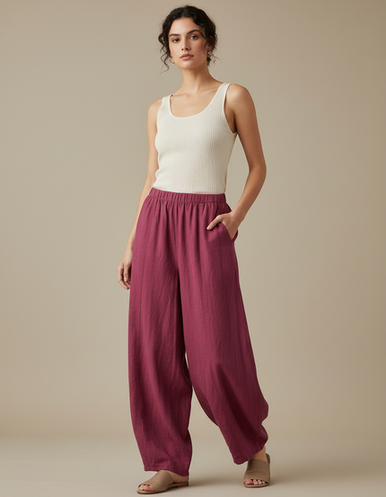 Pantalon Japonais Ample Lin Coton Rouge Fluide - Bordeaux
