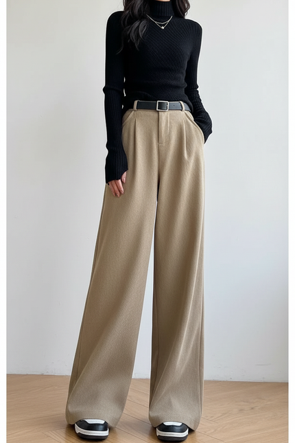 Pantalon Japonais Beige Ample Plissé Décontracté - Laine