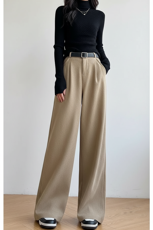 Pantalon Japonais Beige Ample Plissé Décontracté - Laine