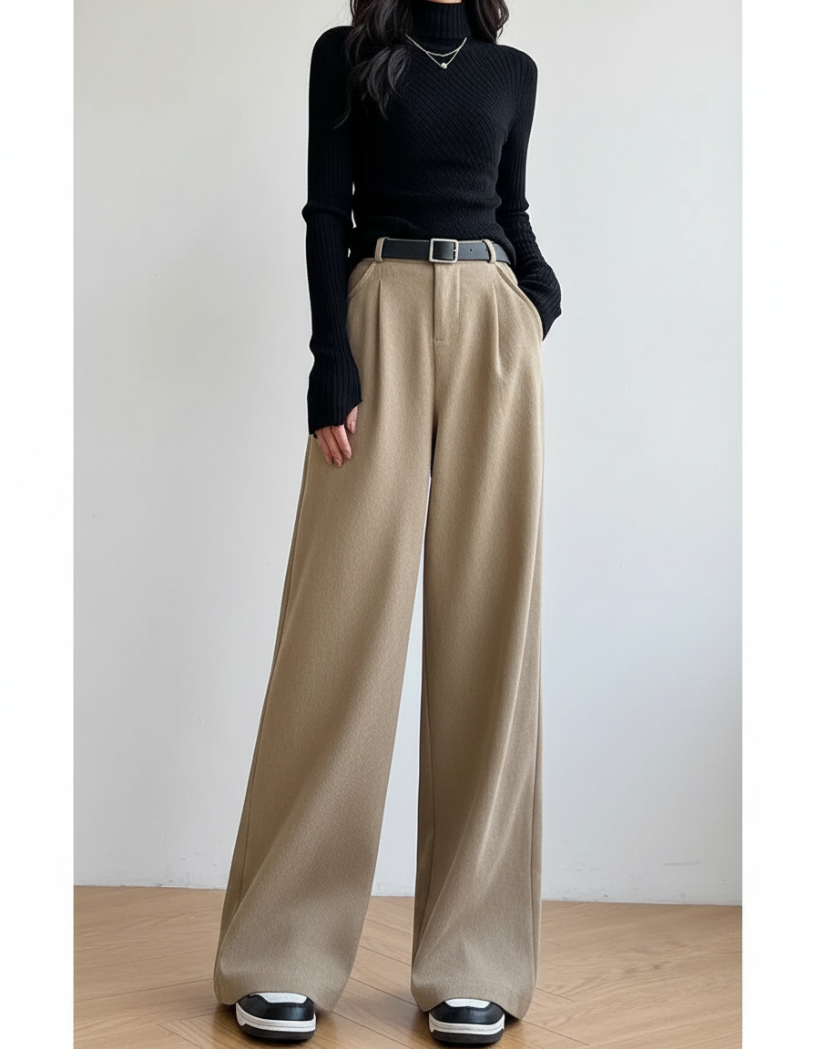Pantalon Japonais Beige Ample Plissé Décontracté - Laine