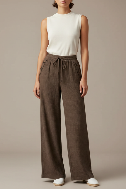 Pantalon Japonais Marron Ample Coton Plissé Droit Décontracté