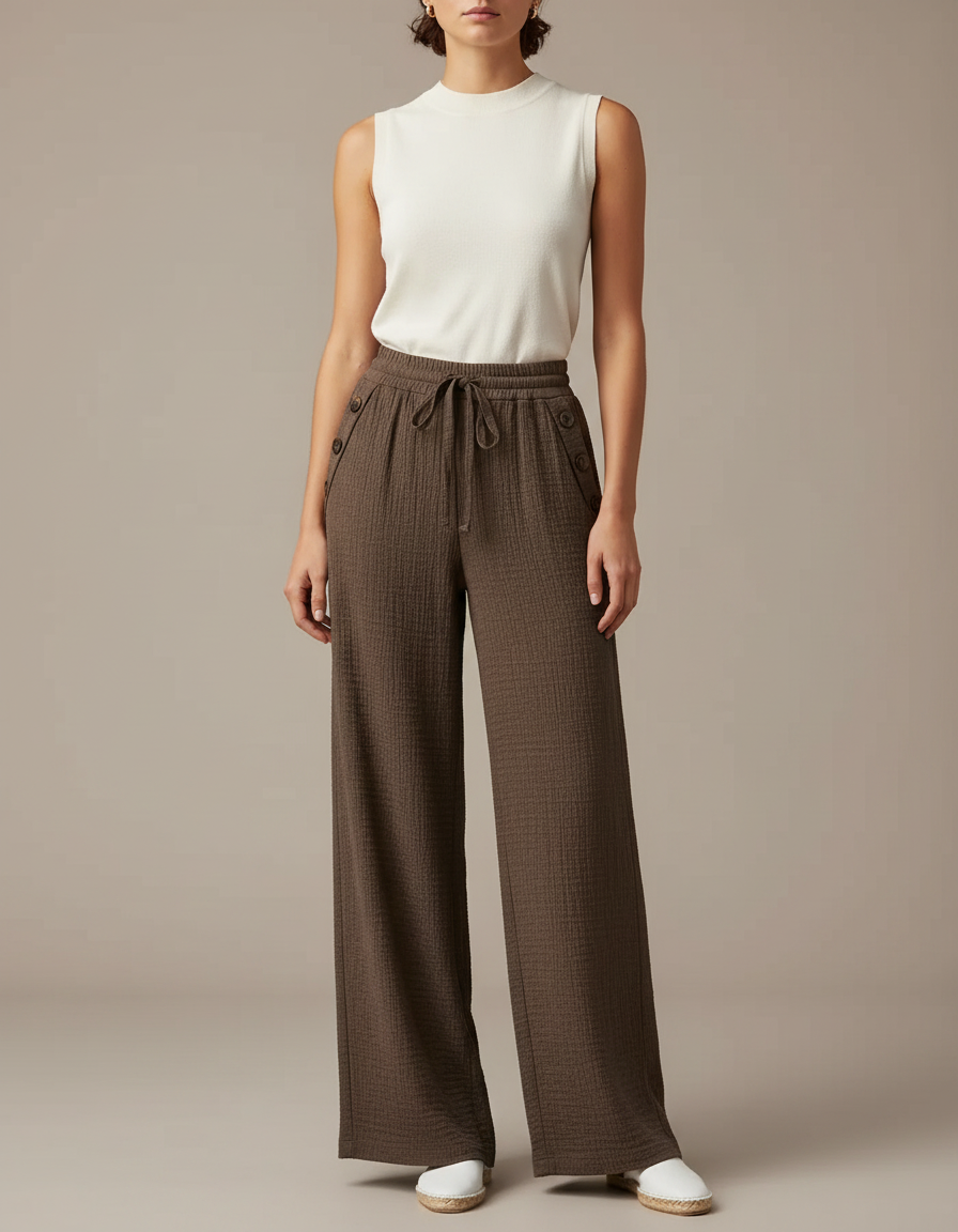 Pantalon Japonais Marron Ample Coton Plissé Droit Décontracté