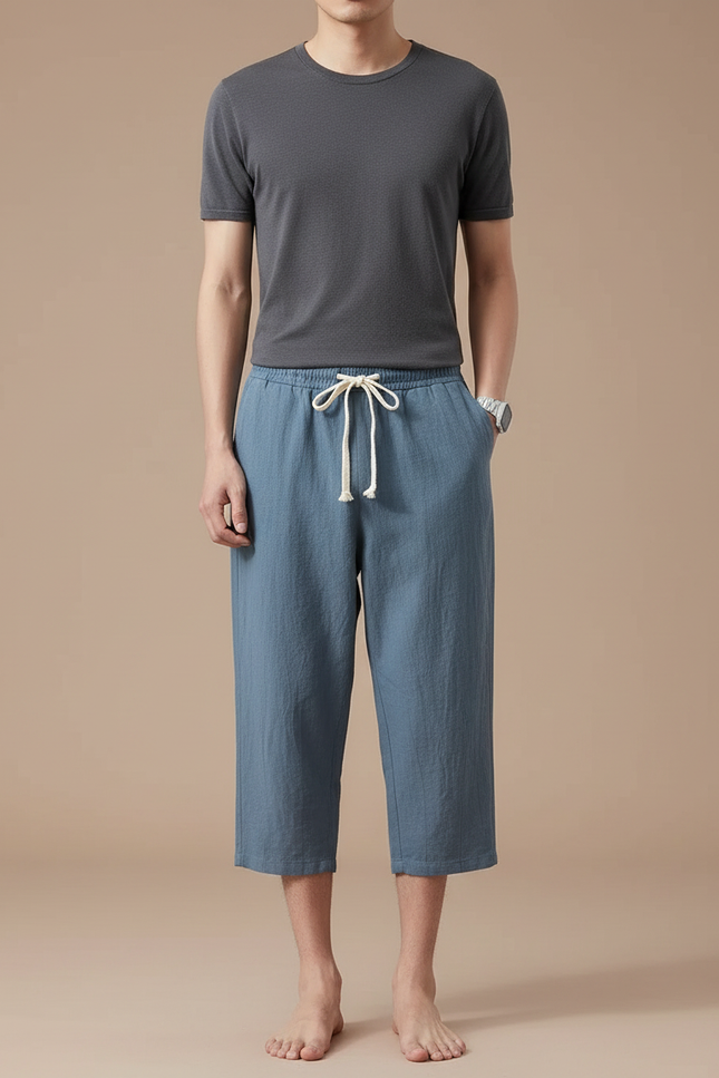 Pantalon Japonais Bleu Coton Ample Court Cordon Décontracté - Lin