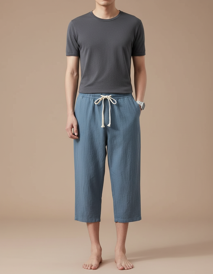 Pantalon Japonais Bleu Coton Ample Court Cordon Décontracté - Lin