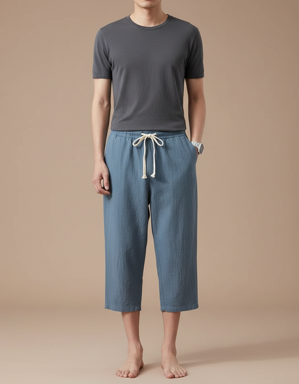 Pantalon Japonais Bleu Coton Ample Court Cordon Décontracté - Lin