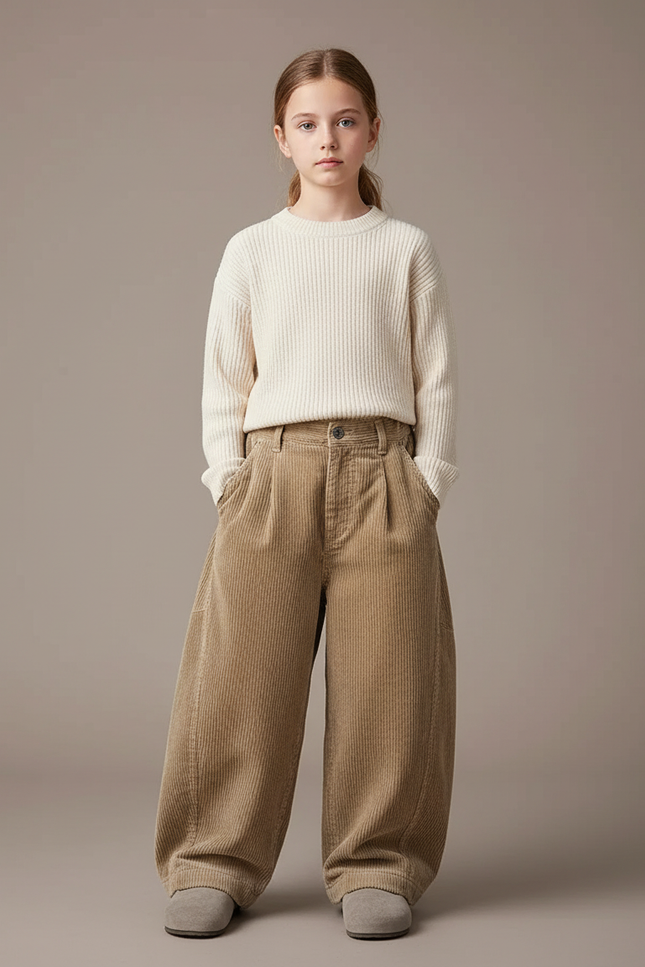 Pantalon Japonais Marron Côtelé Ample Enfant - Cordé