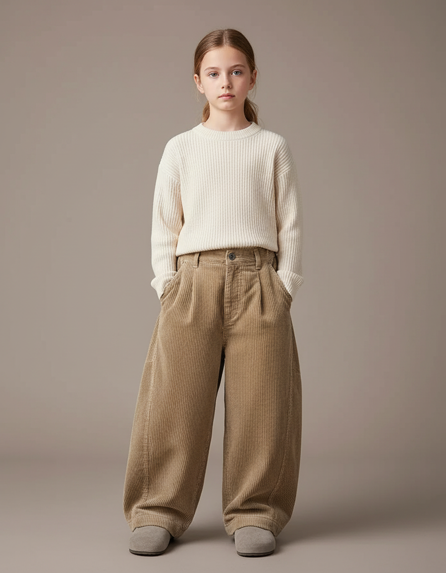 Pantalon Japonais Marron Côtelé Ample Enfant - Cordé
