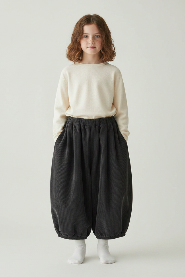 Pantalon Japonais Noir Côtelé Ample Bouffant Enfant - Gris Cordé