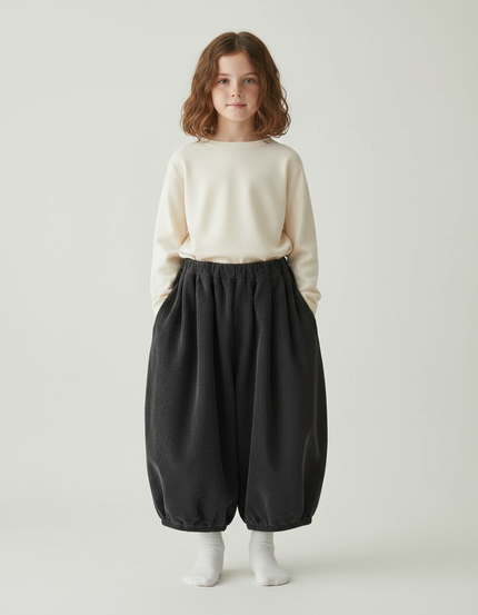 Pantalon Japonais Noir Côtelé Ample Bouffant Enfant - Gris Cordé
