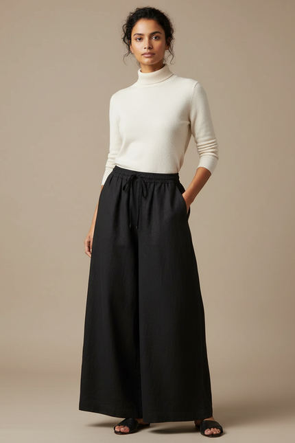 Pantalon Japonais Noir Ample Lin Fluide Femme
