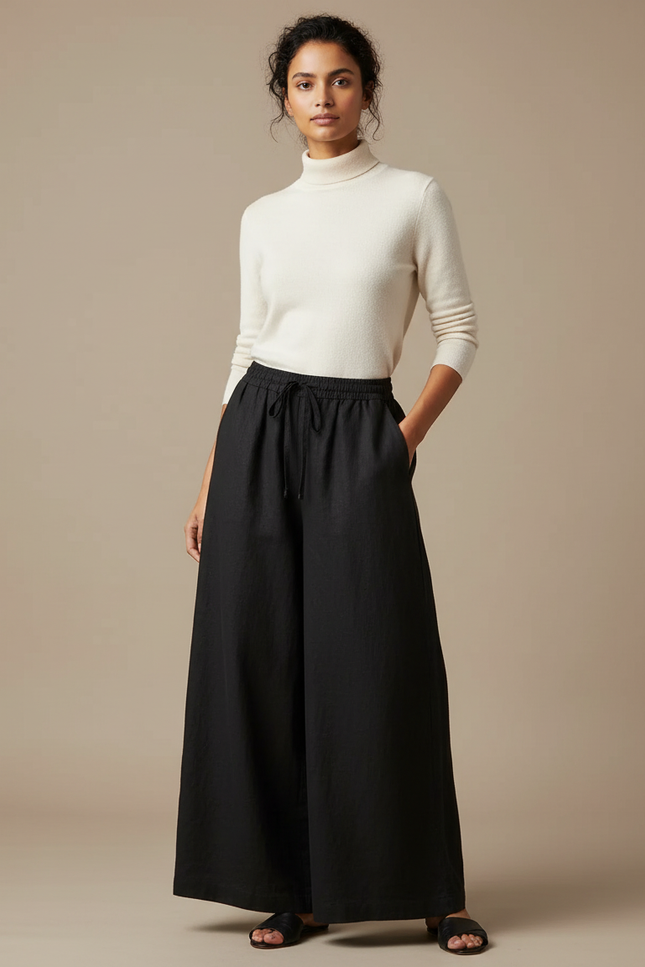 Pantalon Japonais Noir Ample Lin Fluide Femme