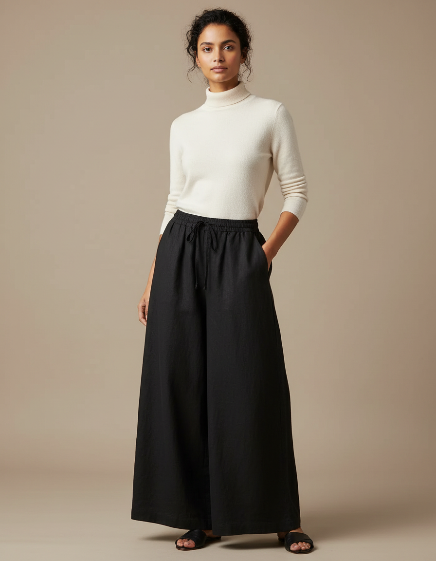 Pantalon Japonais Noir Ample Lin Fluide Femme