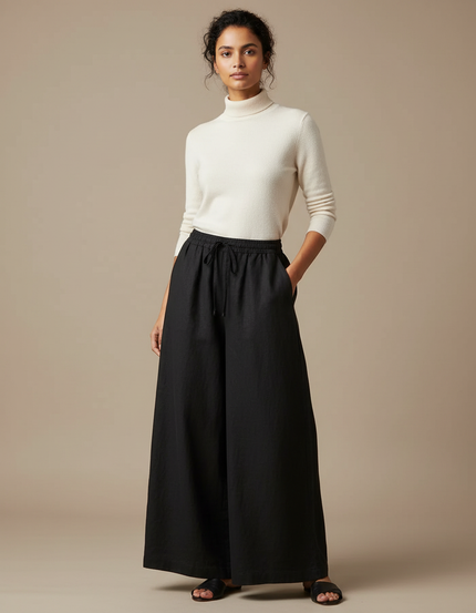 Pantalon Japonais Noir Ample Lin Fluide Femme