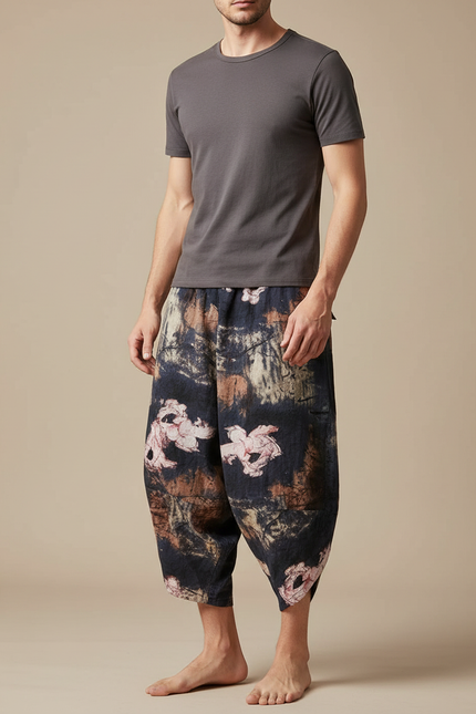 Pantalon Japonais Sarouel Imprimé Floral Ample Décontracté Homme - Lin
