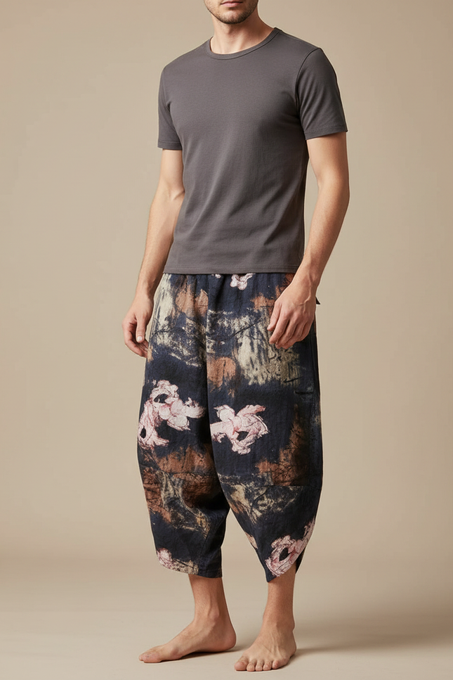 Pantalon Japonais Sarouel Imprimé Floral Ample Décontracté Homme - Lin