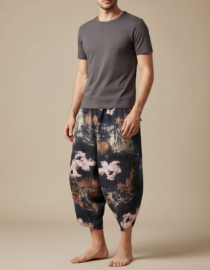 Pantalon Japonais Sarouel Imprimé Floral Ample Décontracté Homme - Lin