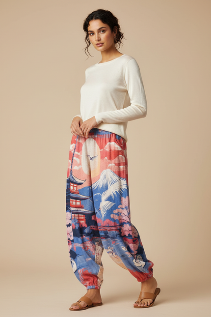 Pantalon Japonais Ample Imprimé Ukiyo-e Femme Fluide - Viscose
