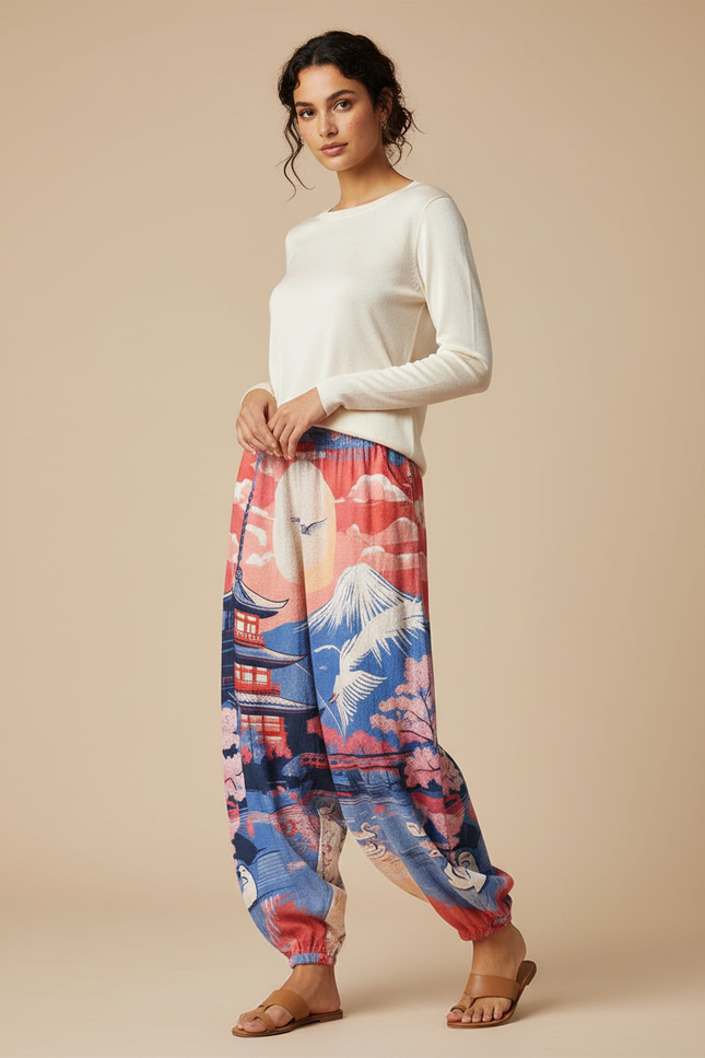 Pantalon Japonais Ample Imprimé Ukiyo-e Femme Fluide - Viscose