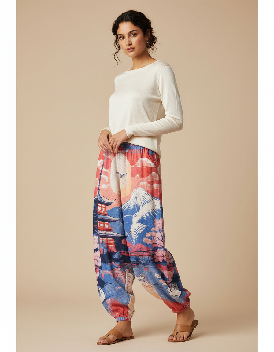 Pantalon Japonais Ample Imprimé Ukiyo-e Femme Fluide - Viscose