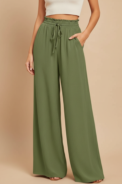 Pantalon Japonais Vert Kaki Fluide Ample Taille Élastique - Viscose